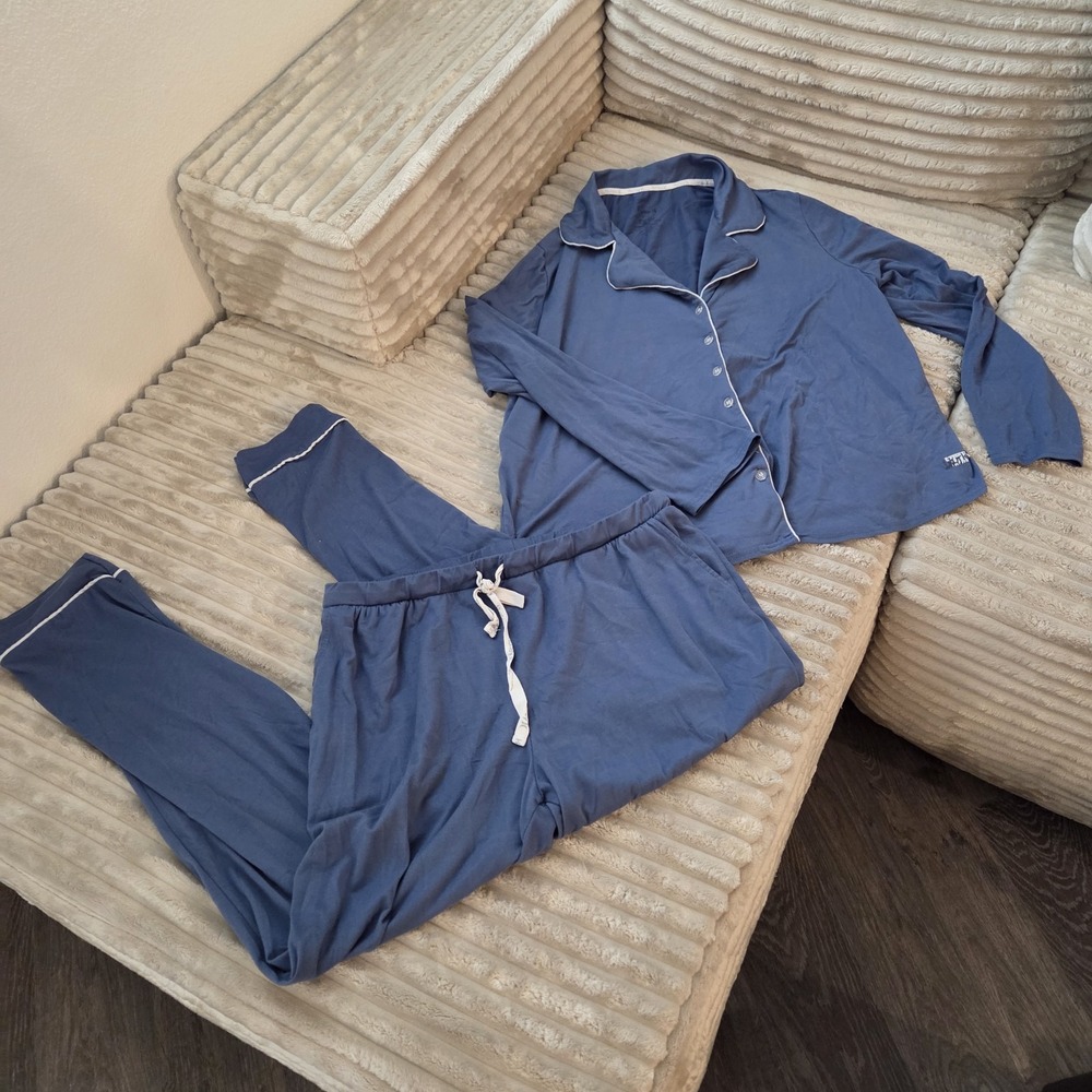 Hurley Pajama Set Womens XL Blue Knit Long Sleeve Button Down Pants Piping Sleep